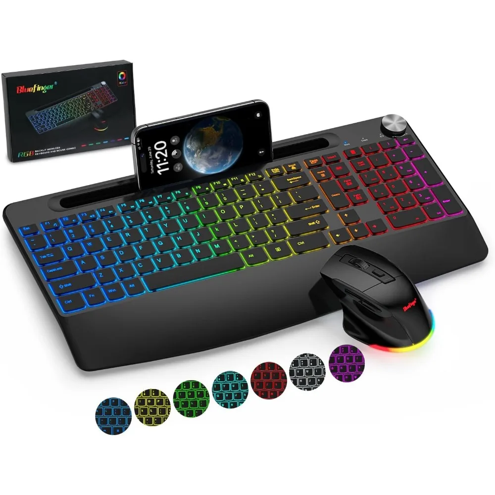 2.4G Ergonomic Gaming Keyboard Wrist Rest, Phone Holder, Silent Light Up Keyboard Mouse Combo