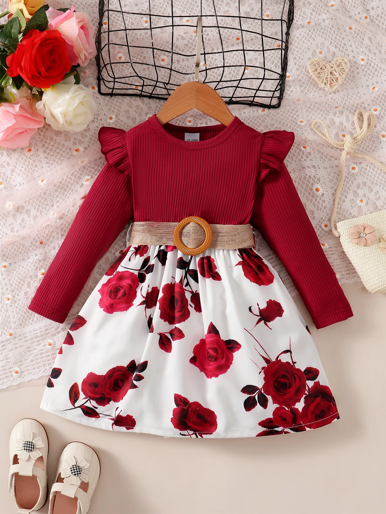 Girls Floral Print Ruffle Long Sleeve A Line Tie Dress Casual Dress Plus Belt