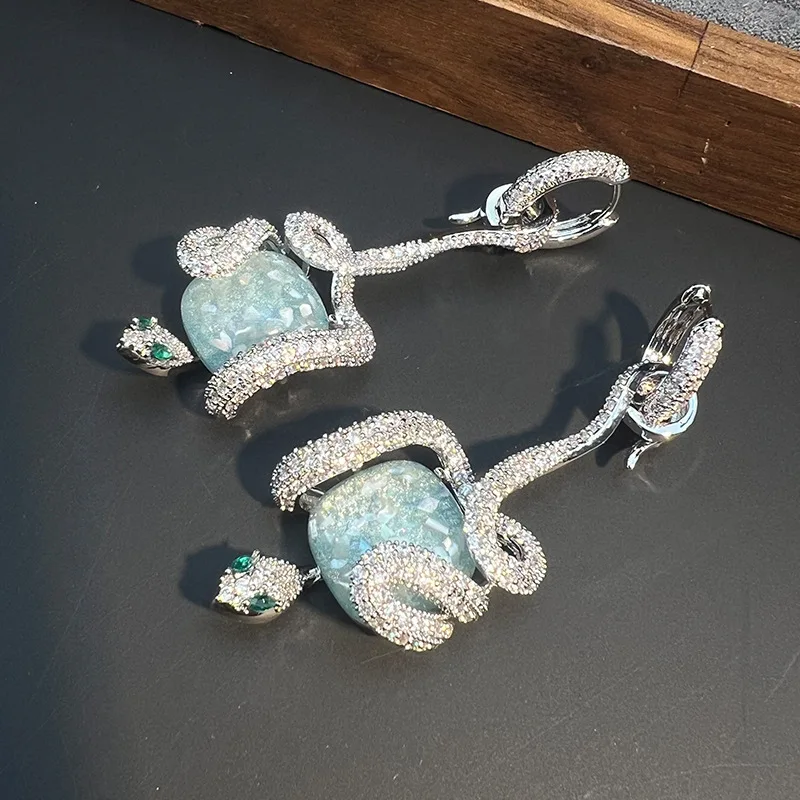 Snake wrapped sapphire zirconium earrings European and American micro-paved zirconium snake earrings
