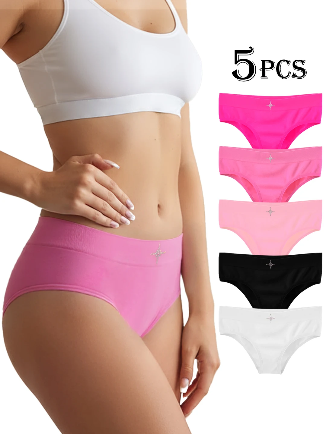 Pantalones triangulares de cintura media sin costuras de 5 piezas, suaves y cómodos, sexys y elegantes con diseño de diamantes de imitación para ropa interior de mujer,
