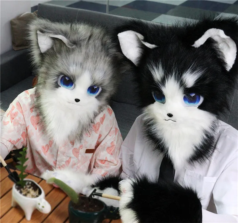 

New Pink Black Colors Furry Fursuit Head Mask Plush Animal Cat Fox Mask Costume Props for Halloween Cosplay Party Props Kids Gif