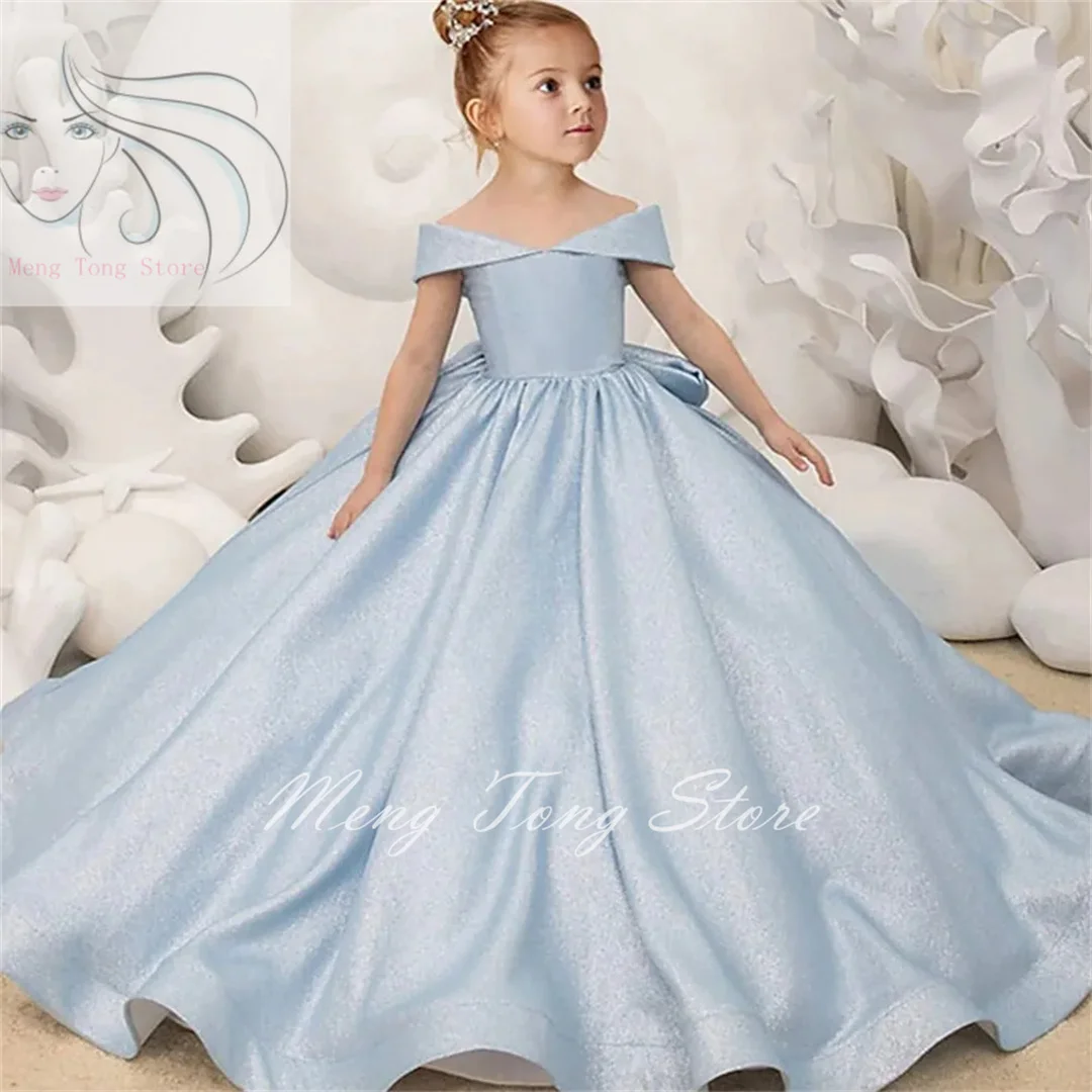 Elegante vestido de cetim com arco na altura dos ombros, princesa flor, vestidos de primeira comunhão, festa de casamento, presente infantil ideal