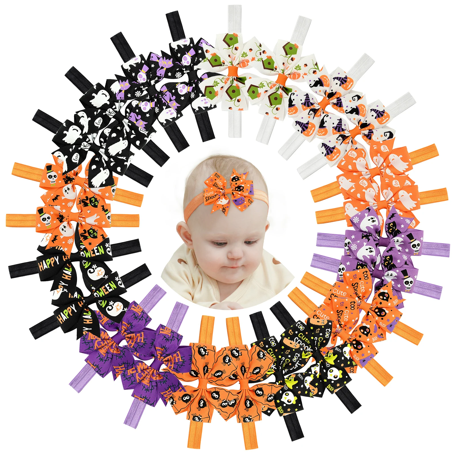 6/12Pcs Halloween Bogen Elastisches Haarband für Baby Mädchen Kürbis Fledermaus Druck Band Stirnband Neugeborenen Elastische Haar Zubehör