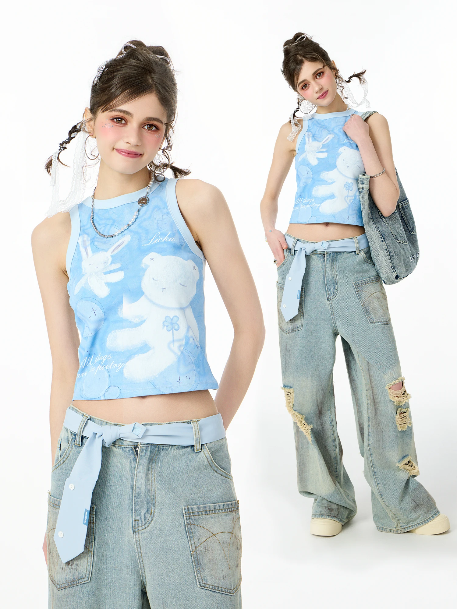 LICKA GIRL Chaleco corto sin mangas azul con estampado de dibujos animados, estilo ajustado, para mujer, ropa de verano, para...