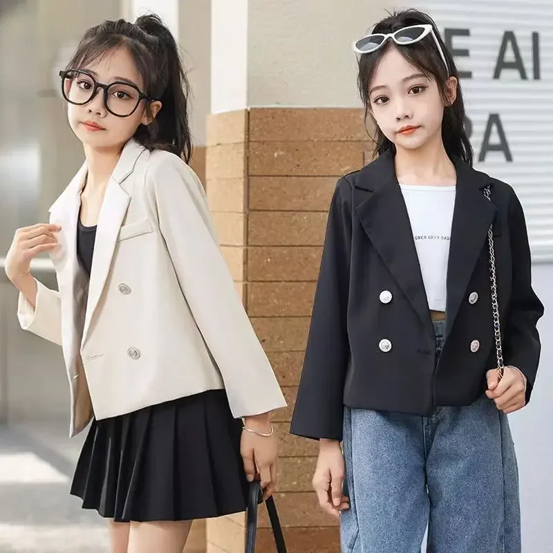 Autumn Girls short Blazer coat White black Fashion 4-15 kid Double breasted suit jacket veste pour enfant casaco infantil menina