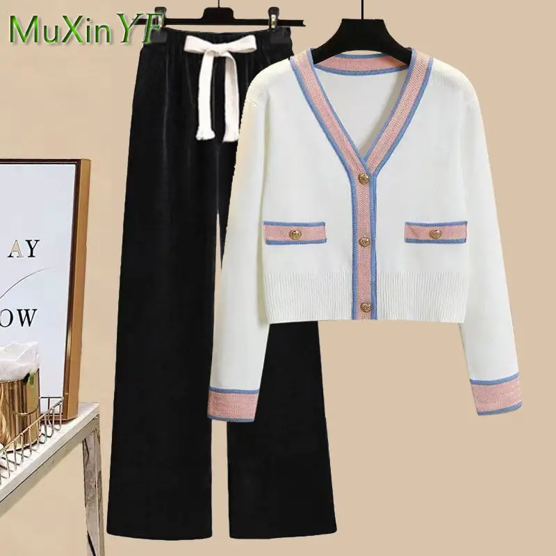 2023 Spring Autumn New in Matching Set Women's Fashion Short Knit Shirt+Wide Leg Pants Two Piece Korean Elegant Pendant Sets