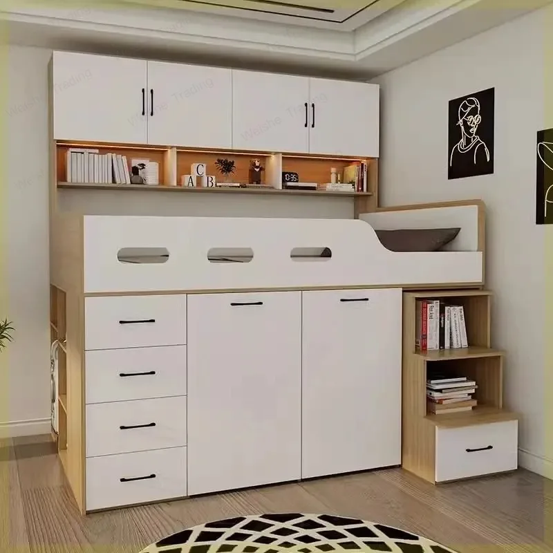 Small apartment solid wood high box storage bed wardrobe integrated, bed desk combination bed, multi-functional elevated bed