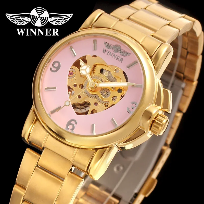 WINNER Brand Ladies Women Fashion Watch Automatic Mechanical Golden Heart Skeleton Dial Stainless Steel Band Elegant Wristwatch