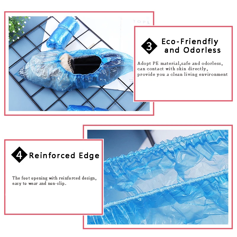 100Pcs Plastic Waterproof Disposable Shoe Covers Rainy Day Carpet Floor Protector Thick Cleaning Shoe Cover Blue Overshoes