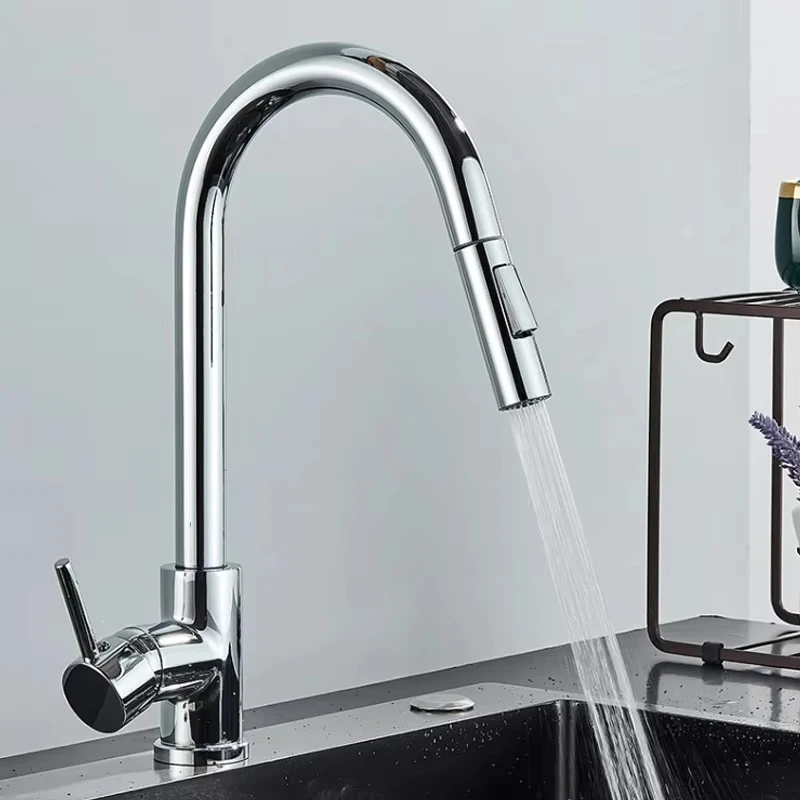 

304 stainless steel black/silver kitchen faucet, dual function single handle pull-out hot and cold faucet, deck installation
