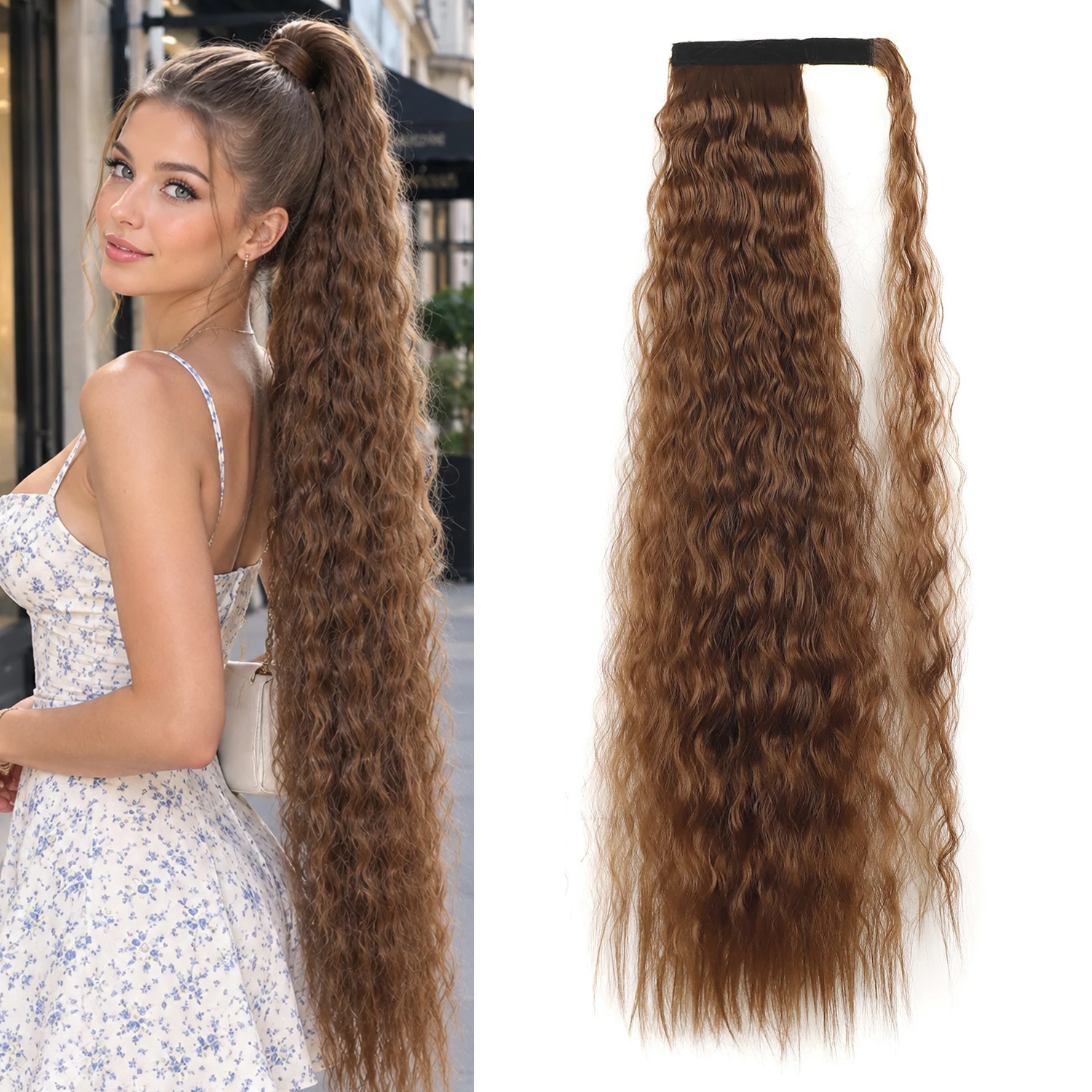 32 Inch Long Corn Wave Wrap Around Ponytail Extensions Magic Paste Heat Resistant Wavy Synthetic Hairpiece for Women