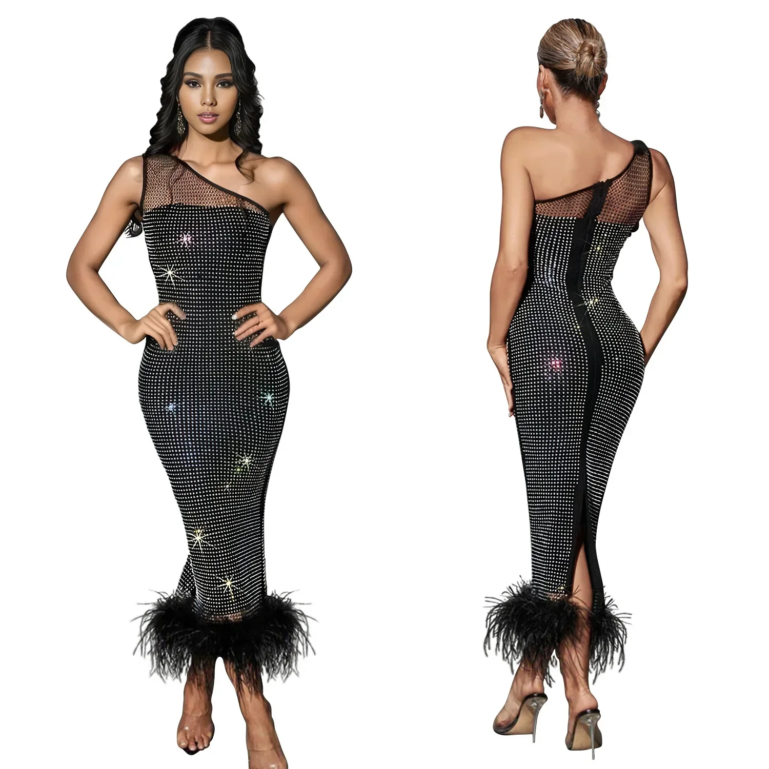 Fashion Women\'s Wear Single Shoulder Mesh Rhinestone Feather Bandage One Piece Dress Sleeveless Evening Formal Dress