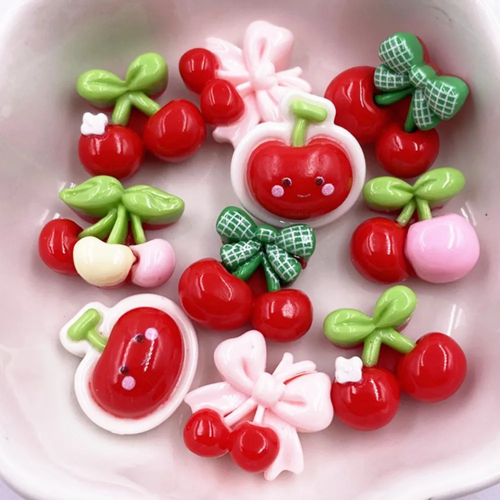 24pcs Colorful Kawaii Cartoon Bowknort Red Cherry Flat back Stone DIY Wedding Bow Jewelry Applique Home Decor Crafts Accessories