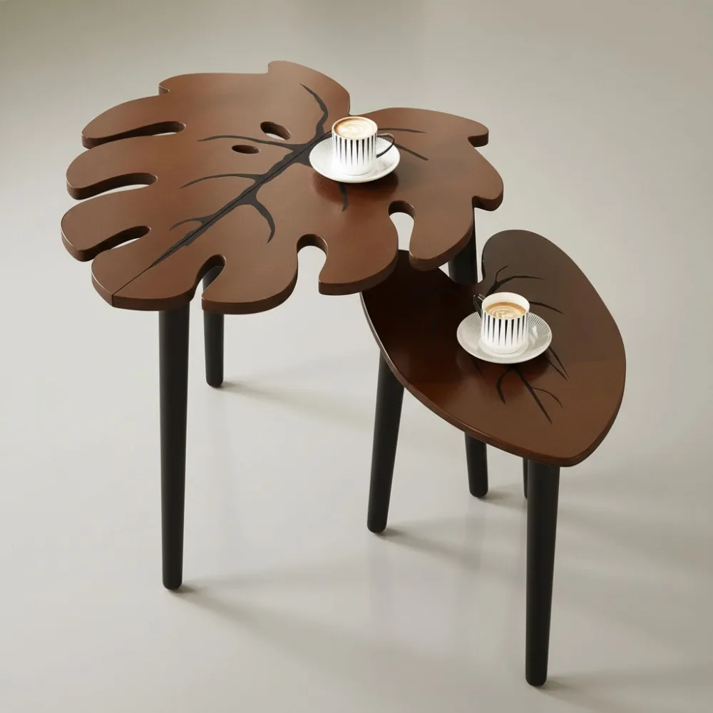 

Monstera Leaf Nesting Tables Set of 2, Modern Wooden Side Tables with Vein Pattern for Living Room Bedroom
