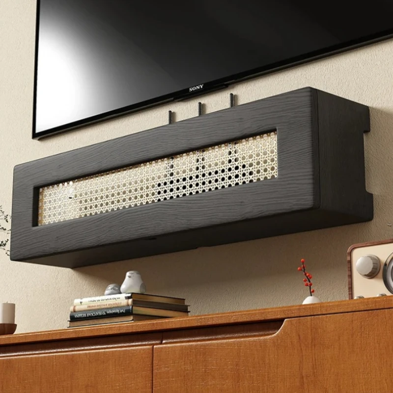Vintage Rattan Wall Mount Router Holder TV Bracket Organizer with Concealed Cable Management Set Top Box Storage Shelf