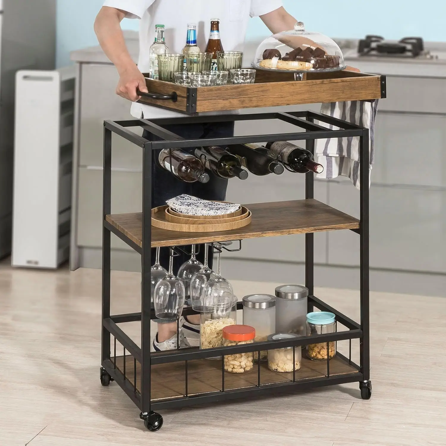 

Home Myra Rustic Mobile Kitchen Serving cart with Removable Tray, Industrial Vintage Style Wood Metal Serving Trolley,