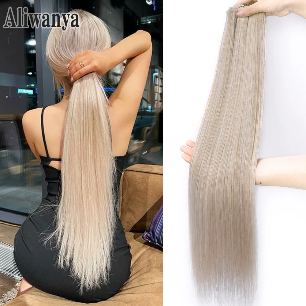 

Синтетические прямые волосы для наращивания 24-дюймовые мягкие гладкие плетения волос Длинные светлые синтетические прямые пучки волос от полного до конца