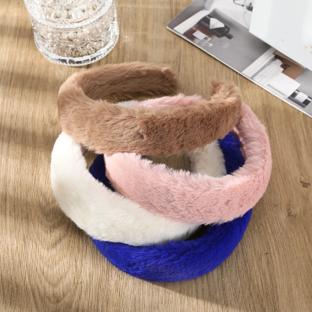 Retro Plush Faux Rabbit Fur Hairbands Hair Hoop Women Elegant Hair Accessories Headbands Soft Wide Headwear Girls Party Headware