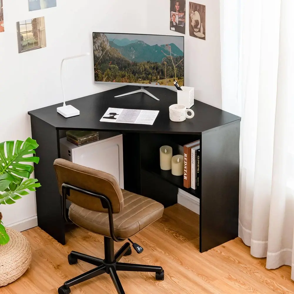 Corner Computer Desk Triangle Writing Workstation W Storage Shelf