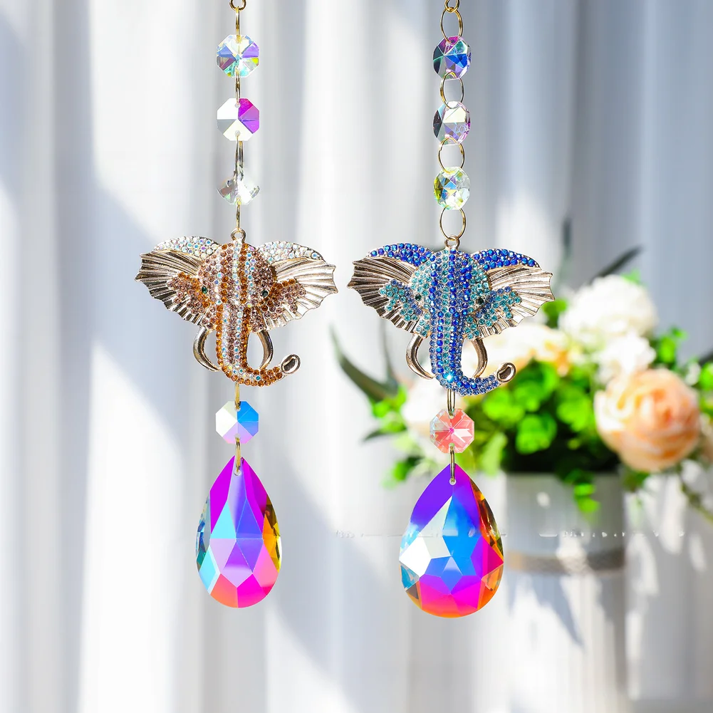 Elephant Sun Catcher for Window Sill Porch Hanging Garden Decor 22cm Height with Sparkling Multi Faceted Beads