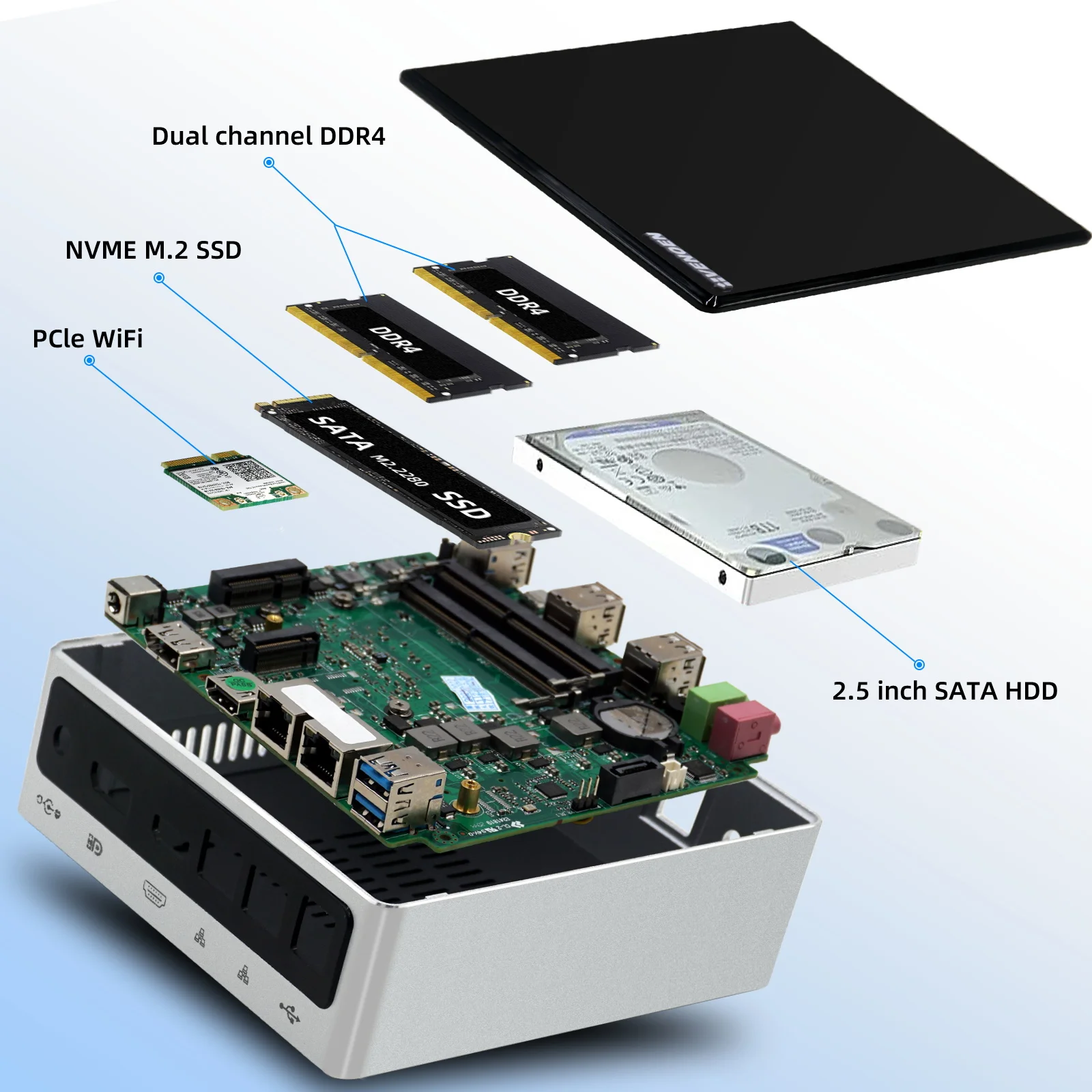 Hystou escritório mini computador intel core ddr4 m.2 nvme sata quad core desktop duplo wifi2.4g + 5g bluetooth windows10 linux computador