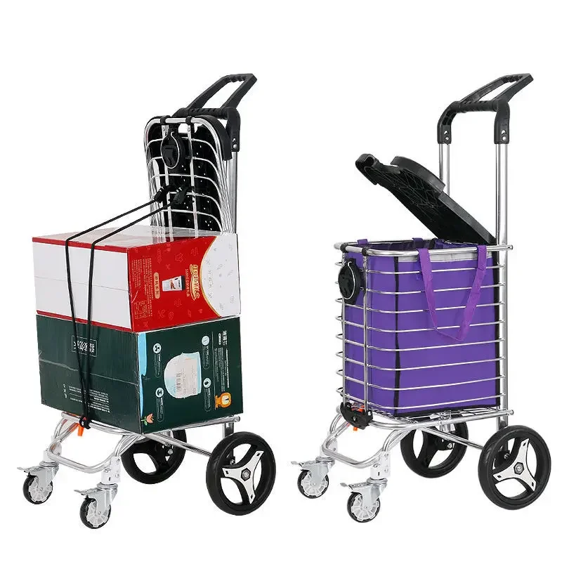 35L Shopping Cart Aluminum Alloy Trolley Car with A Cover Can Seat Quality 19cm Large Wheel Trolley for Outdoor Market Purchase