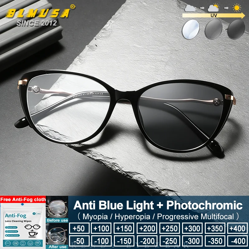 

BLMUSA (M) New Design Women Cat Eye Frame Multifocal Glasses Skinny Face Anti Blue Ray Photochromic Prescription Reading Eyeware