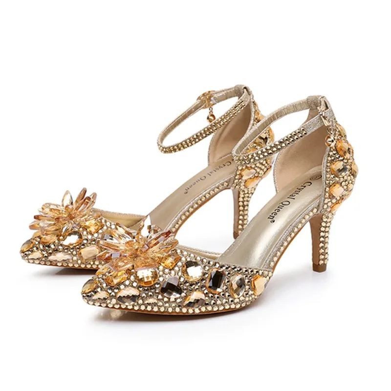 High Heels Wedding Prom Women Sandals Buckle Strap PU 7CM Thin Heels Sharp Pointed Crystal Glass Floral Penang Gold Women Shoes