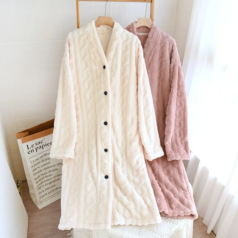 Winter New Flannel Kimono Robe Women Night Gowns Bathrobe Long Sleeve Thicke Sleeping Sleepwear Warm Coral Velvet Pajamas Set