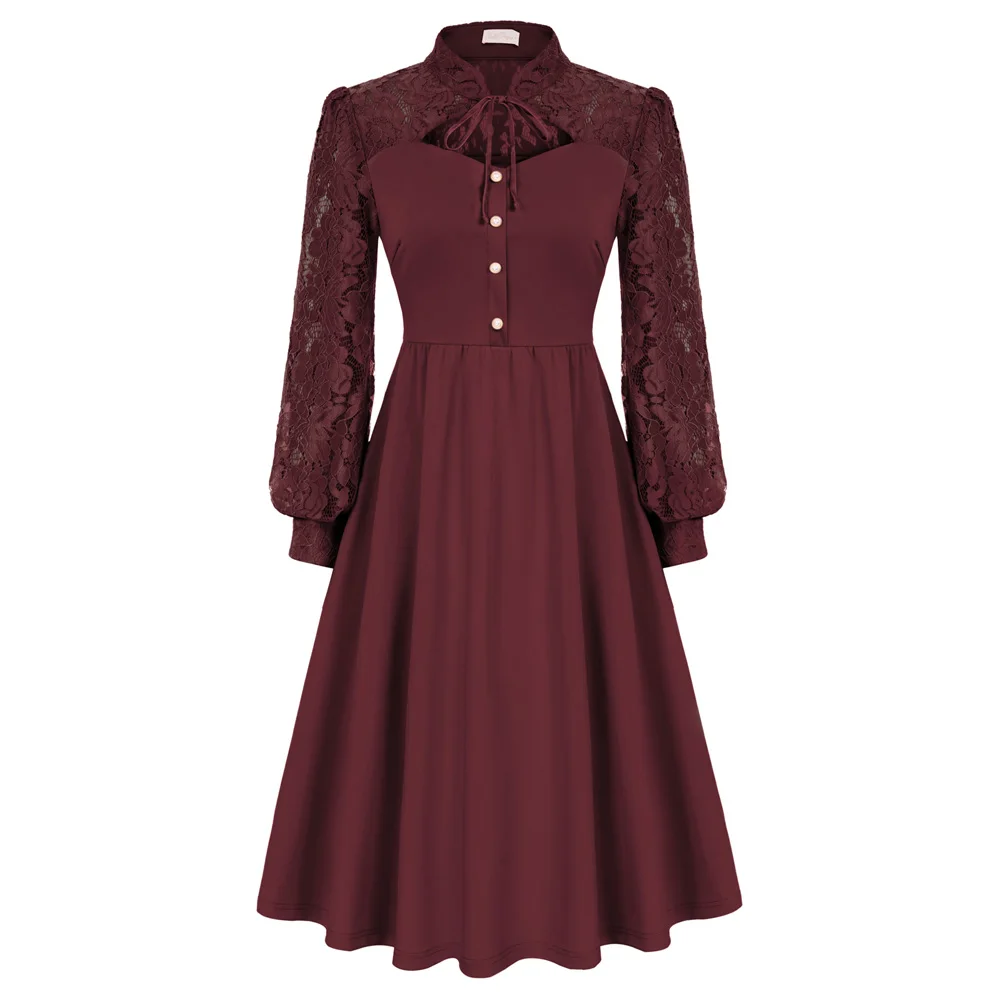 

BP Women 1950s Vintage Lace Patchwork Dress Long Sleeve Stand Collar A-Line Dress High Waist Knee Length A-line Swing Dresses A3