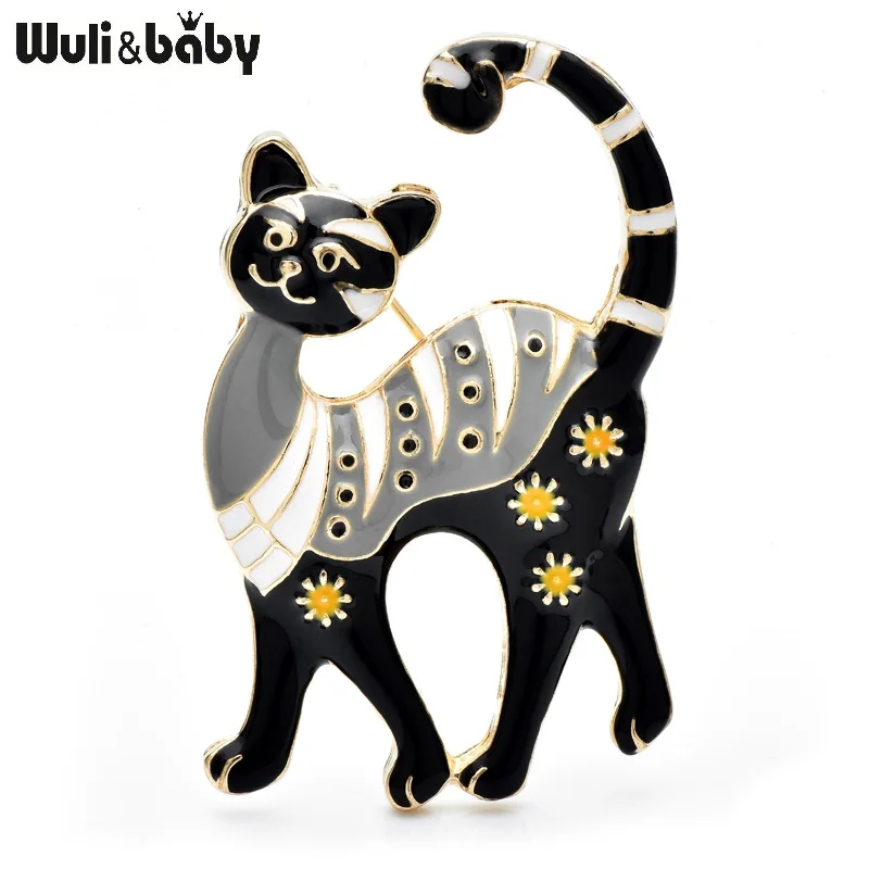 Wuli&baby Cute Cartoon Cat Brooches For Women Unisex 2-color Enamel Flower-cat Pets Animal Party Casual Brooch Pins Gifts