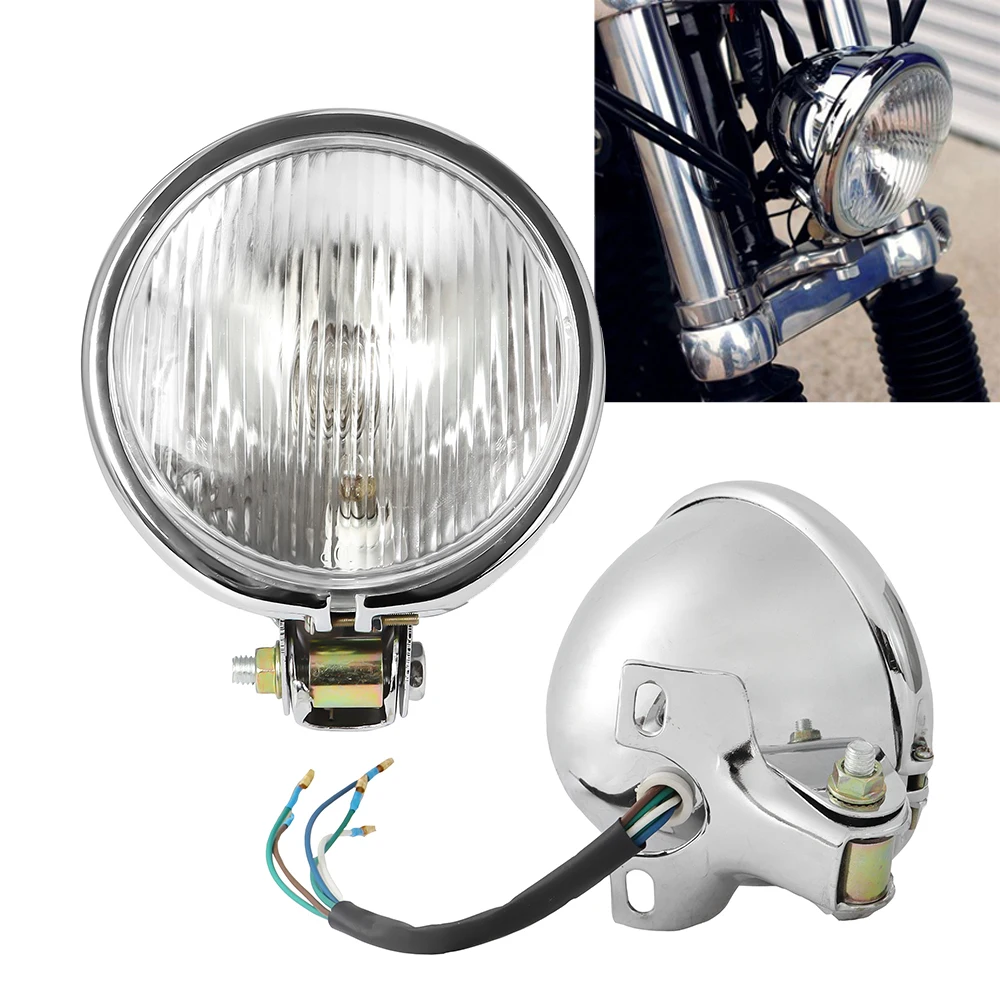 For Honda Harley Suzuki Kawasaki Retro Metal Universal Motorcycle Headlight Round with Holder Electroplate