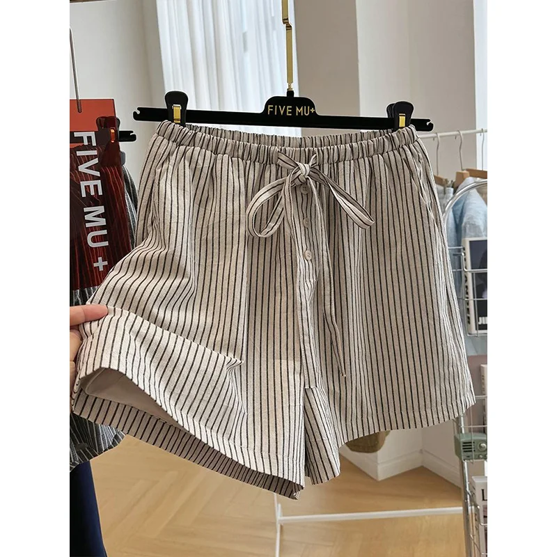 Summer Thin Cotton Linen Fashion Striped Vintage Shorts Women Casual Loose Drawstring High Quality Wide Leg Shorts