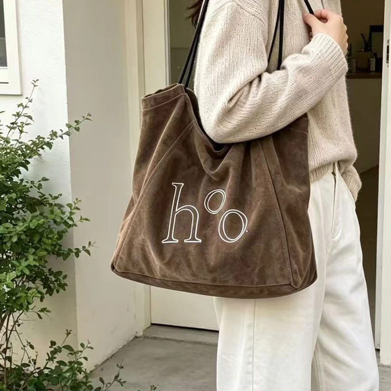 Vintage Literary Artistic Style Tote Bag Female Suede Letter Printing Student Travel Large Capacity Pack New One Shoulder Bags