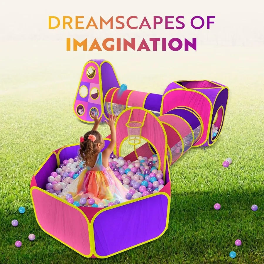 Playz – tente de jeu princesse, 5 pièces, fosse à balles avec cerceau de basket-ball et tunnel de jeu pour tout-petits, bébés, filles et garçons, intérieur et extérieur