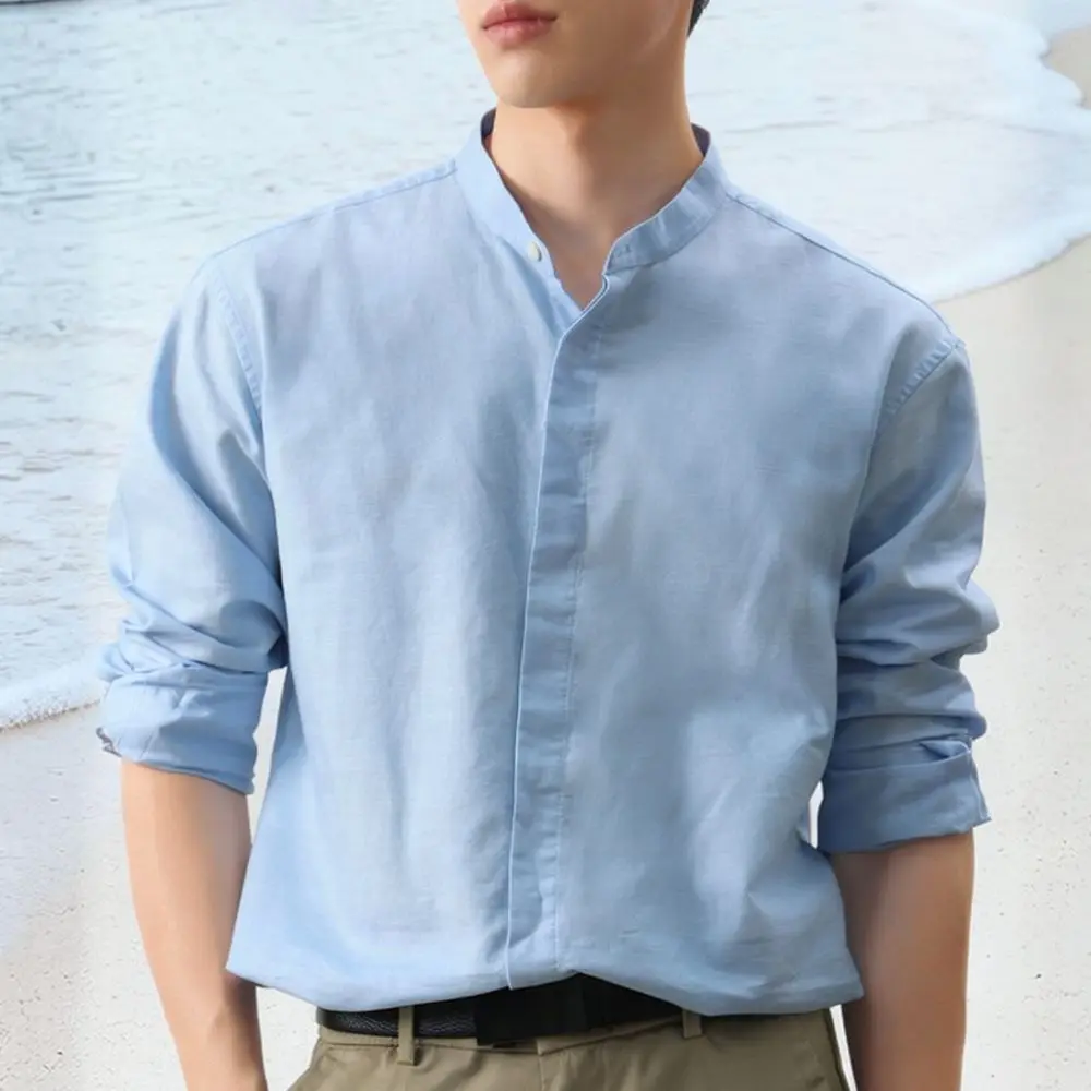 Casual Mens Shirt Long Sleeve Stand Collar Cotton Linen Fabric Breathable Lightweight Soft Business Formal Summer Top