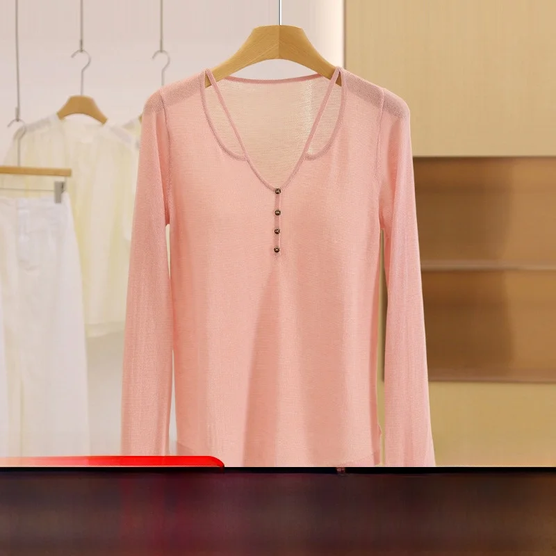 Maglieria V-Ne leggera e versatile, colore puro, design con bottoni scavati per l'autunno, abbigliamento casual, lana di poliestere...