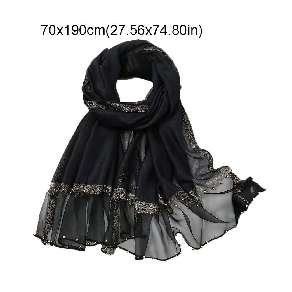 Elegante grânulo de luxo lenço de seda longo grande feminino hijab xales turbante bandana fina organza cachecol menina