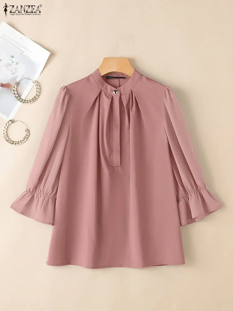 ZANZEA بلوزات نسائية أنيقة أنيقة بياقة الماندرين وتفاصيل مطوية 3/4 كم منتفخ نصف بلاكيت بلون واحد قطع علوية للسيدات S-3XL #1