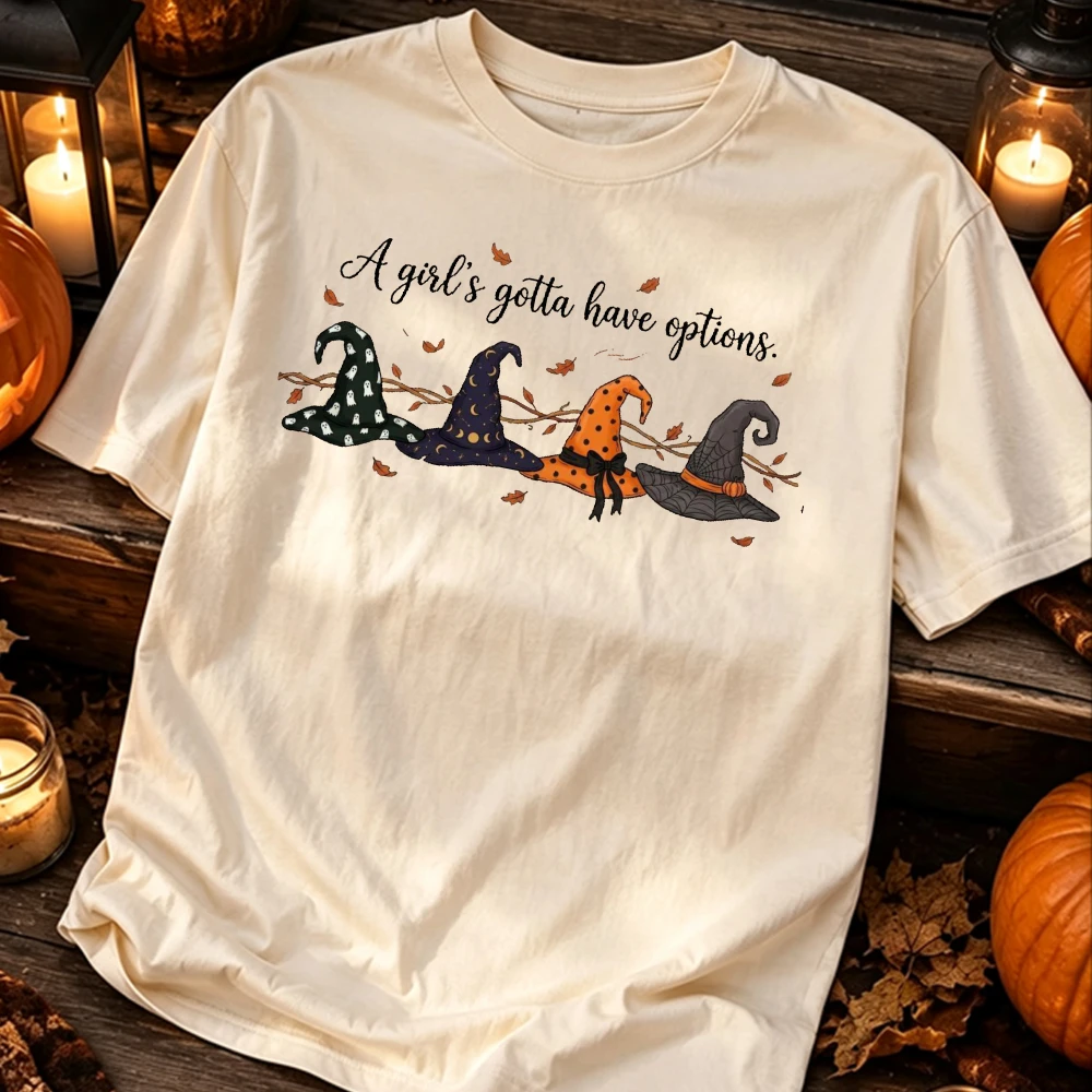 A Girl Gotta Have Options Funny Witch Hat Halloween T-Shirt Spooky Season Graphic Tee Casual Short Sleeve Crewneck Top Blouse