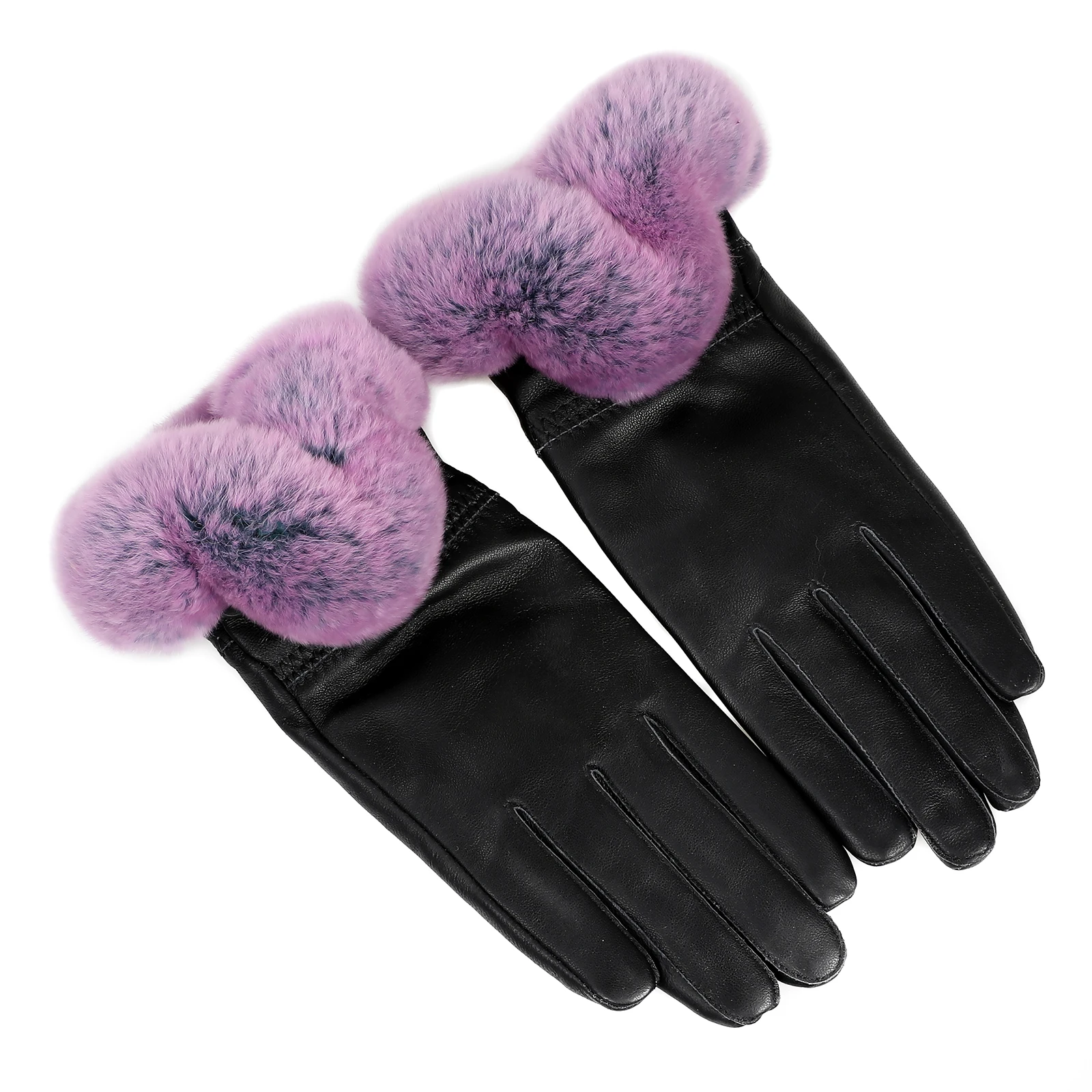 BOONJOVIA Elegant Women\'s Winter Warm Genuine Leather Gloves With Rex Rabbit Fur Trim Cuffs Velvet Lined