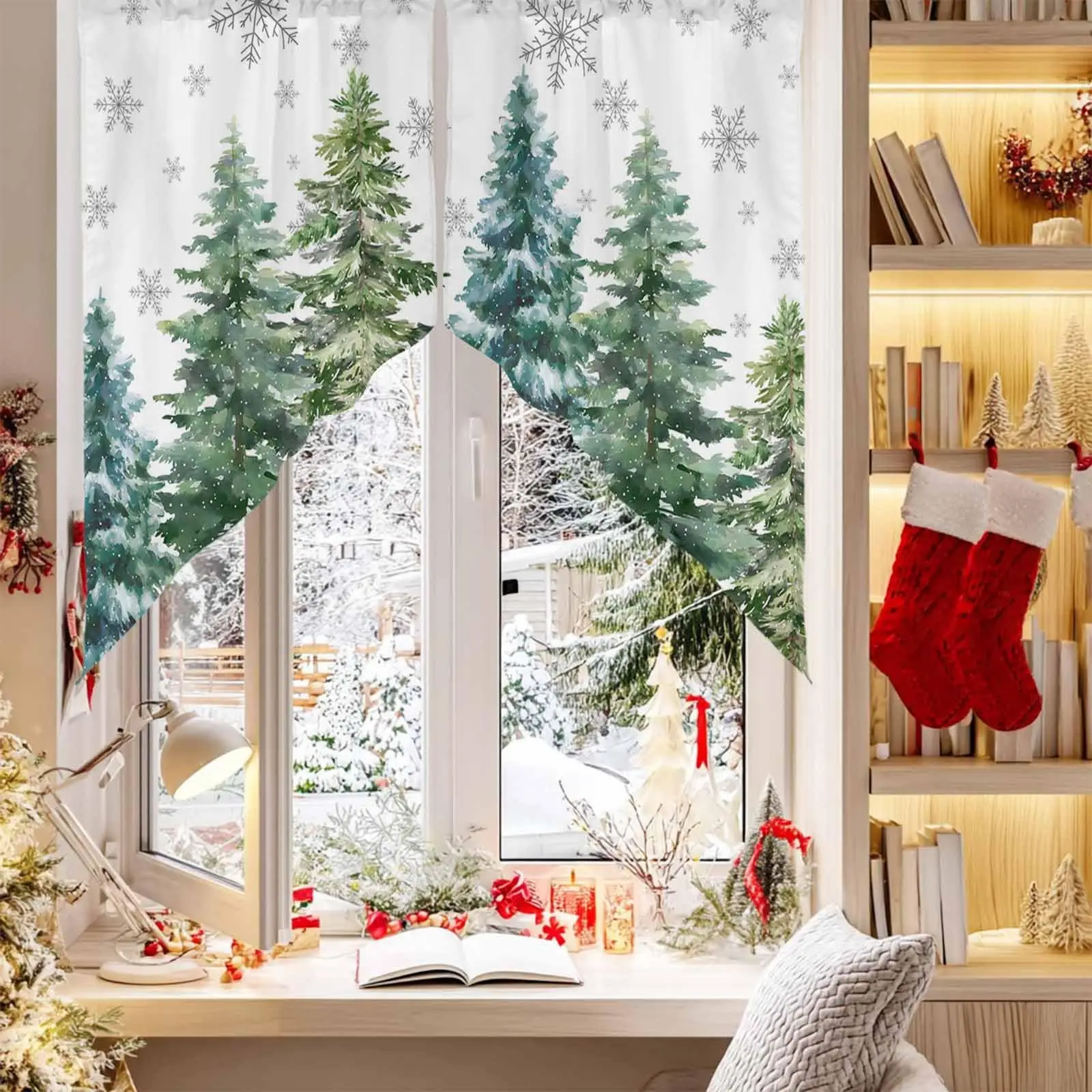  2Pcs Christmas Swag Valance, Green Pine Tree Xmas Rod Pocket Kitchen Valance Winter Snowflake Curtains for Christmas Bathroom