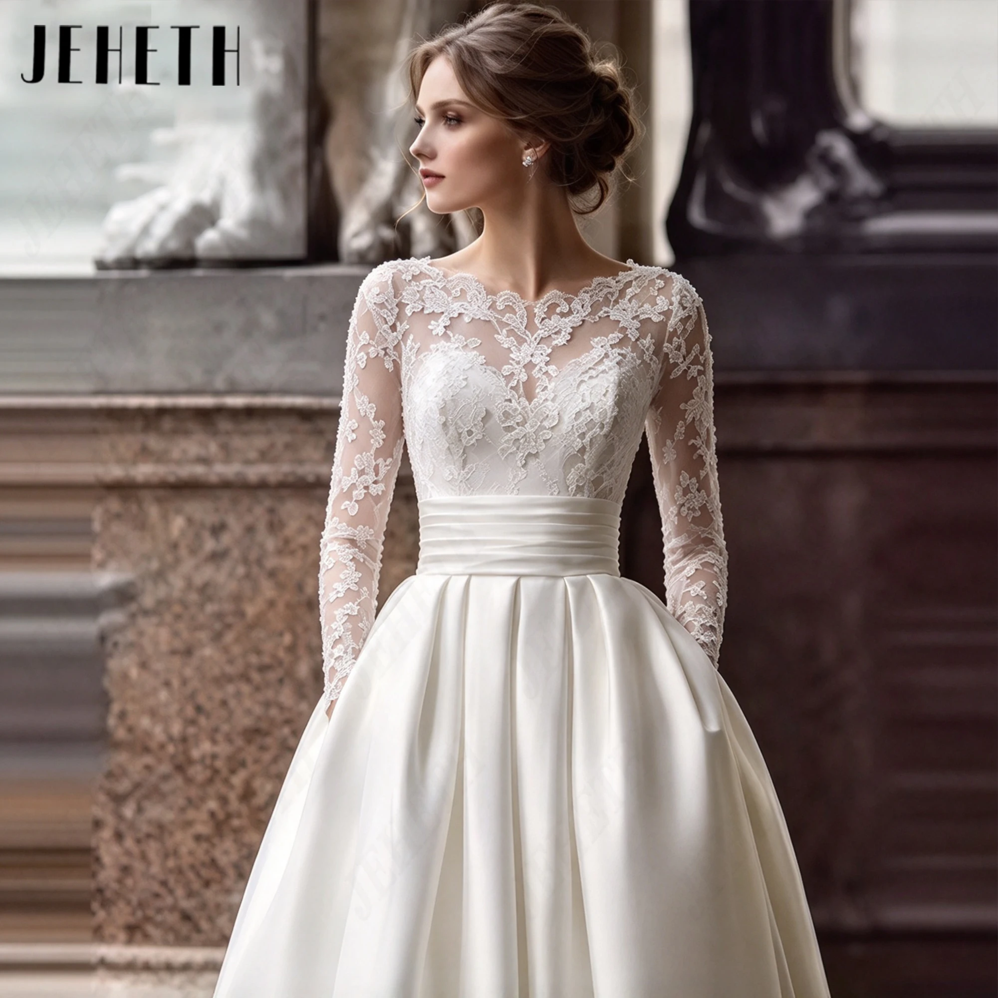 JEHETH Elegant Long Sleeves Satin Wedding Dress A-Line Lace With Pocket Bride Gowns Scoop Neck 2027 Customized Bridal Dresses