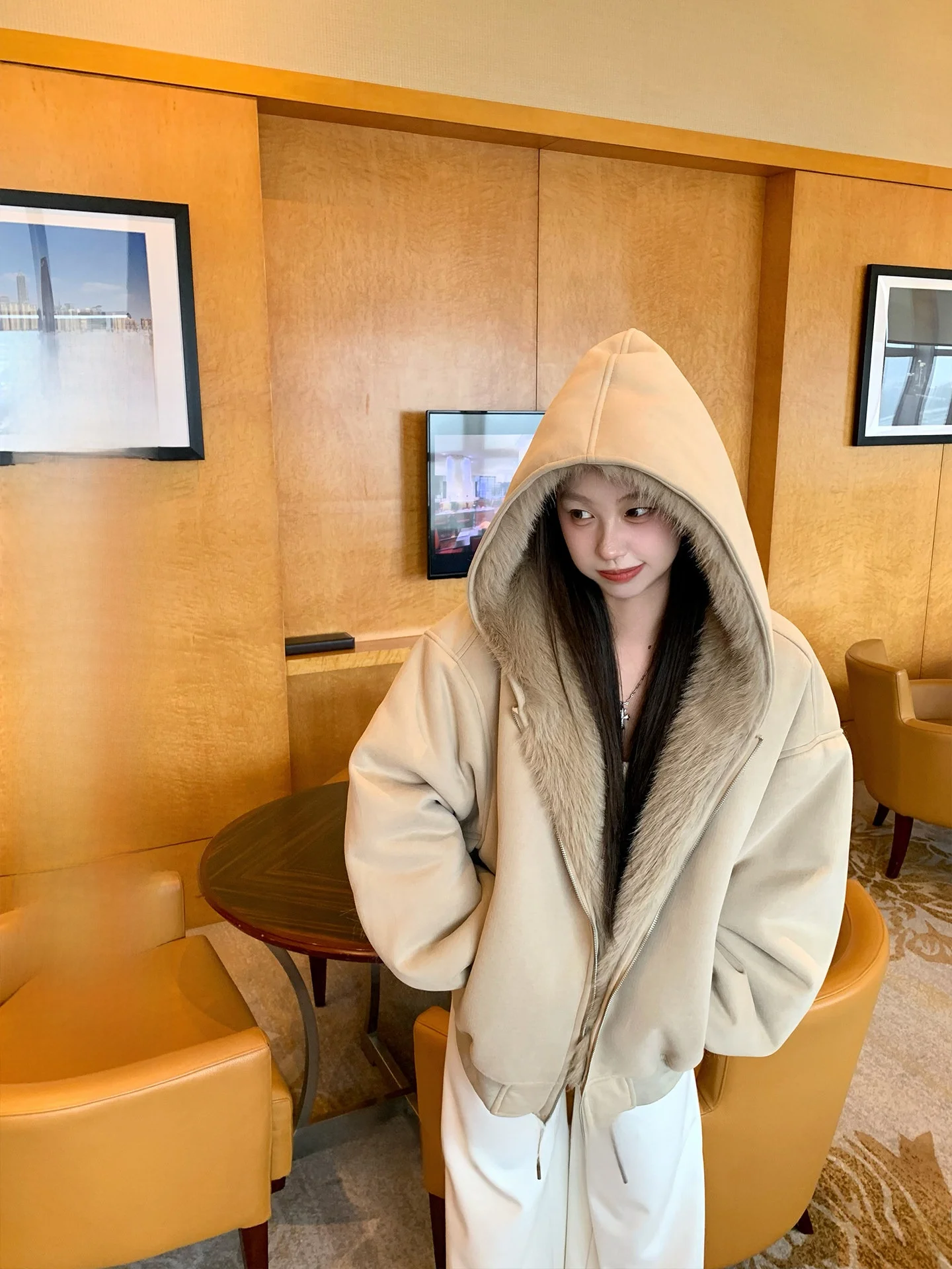 

23TH ALTER Двустороннее носимое тонкое теплое меховое пальто на молнии Экологичное женское пальто для поездок на работу Sle i Color