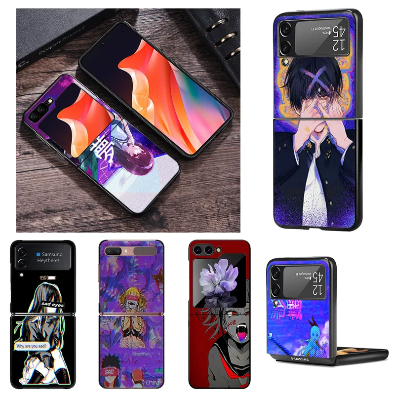 Black Phone Cases for Samsung Z Flip 6 5 4 3 Vaporwave Girl Anime Hard Galaxy ZFlip6 Flip5 Flip4 Flip3 Mobile Phone Shell Cover