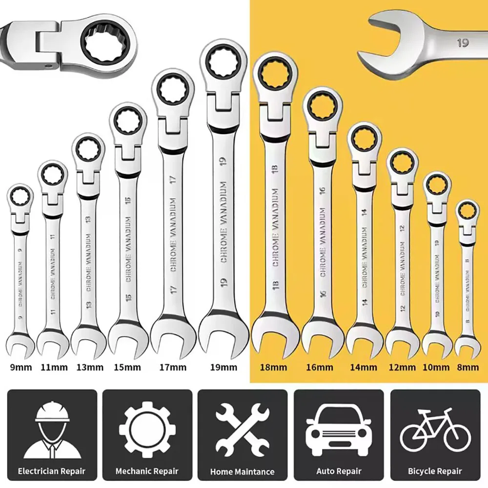 8-22mm Universal 72-Tooth Flexible Pivoting Head Ratchet Wrench, Garage Metric Manual Tool for Auto and Home Repair, 1 Pc
