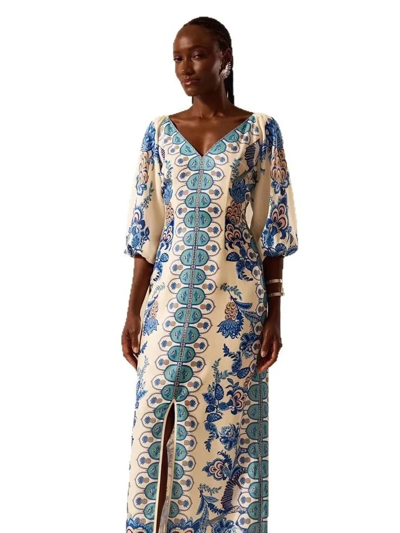 

n Цветочный принт V-ne Bubble Sve Dr Женское милое длинное трапециевидное платье с высокой талией из полиэфирного волокна Летний сезон