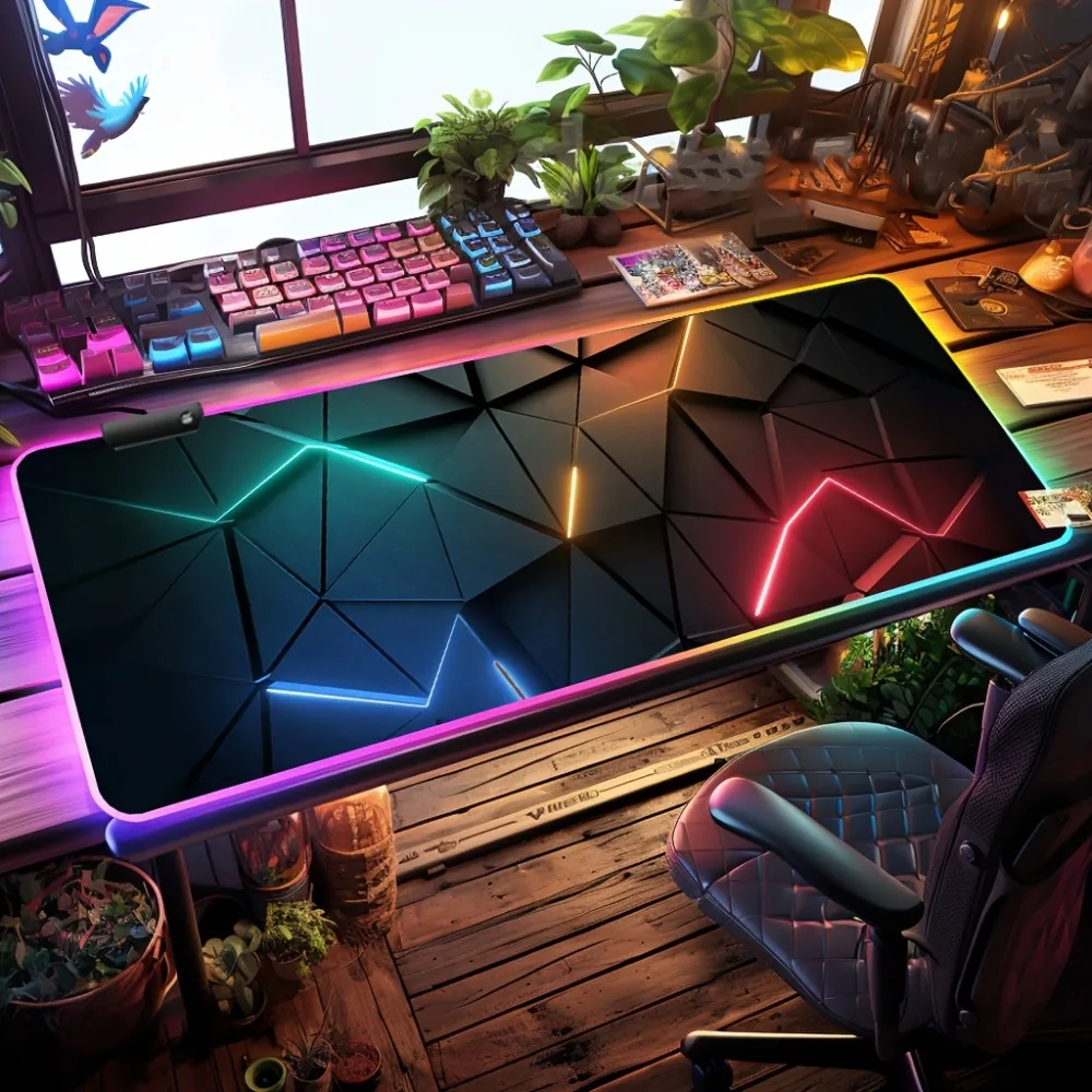 

Gaming Mouse Pad with RGB Lighting Featuring Various Geometric Line Patterns, Equipped with Button Controls for Light Modes.