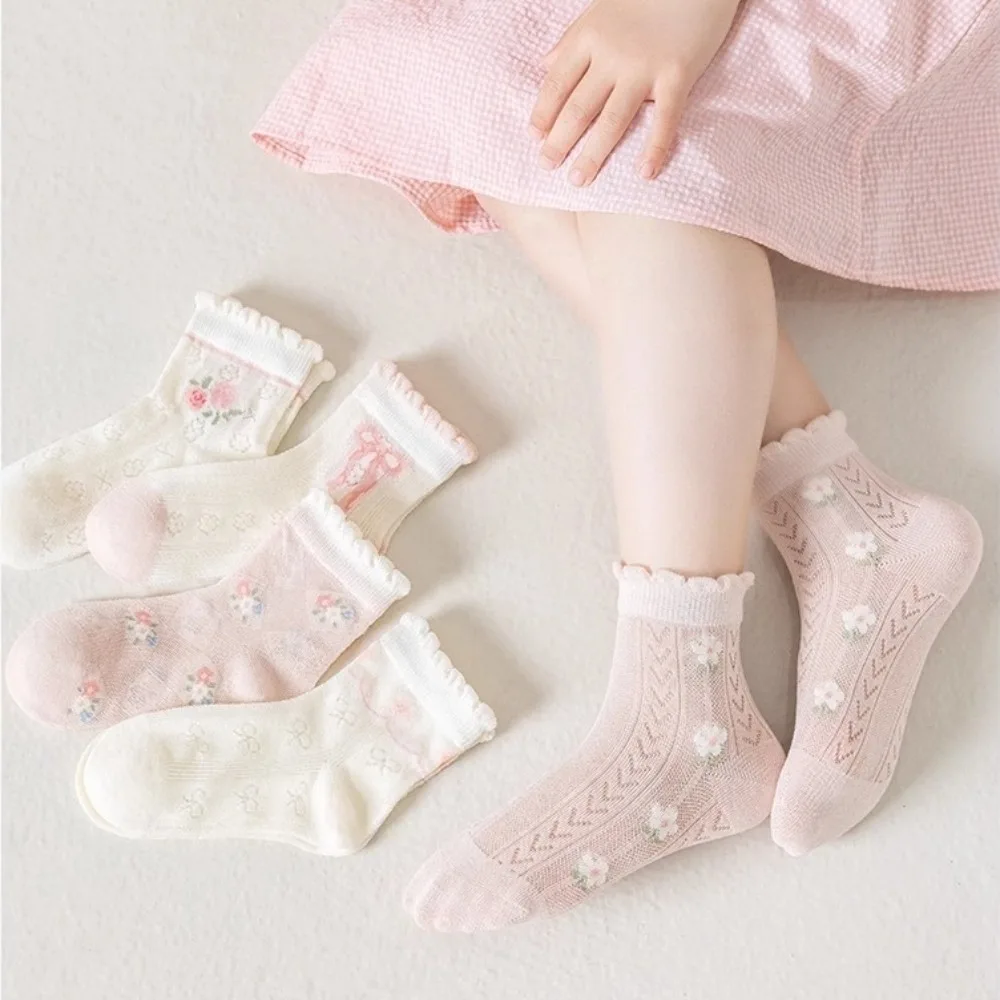 

5 Pairs New Cotton Kids Mesh Socks High Resilience Comfortable Children Socks Breathable Flower and Bow Ankle Socks for Summer