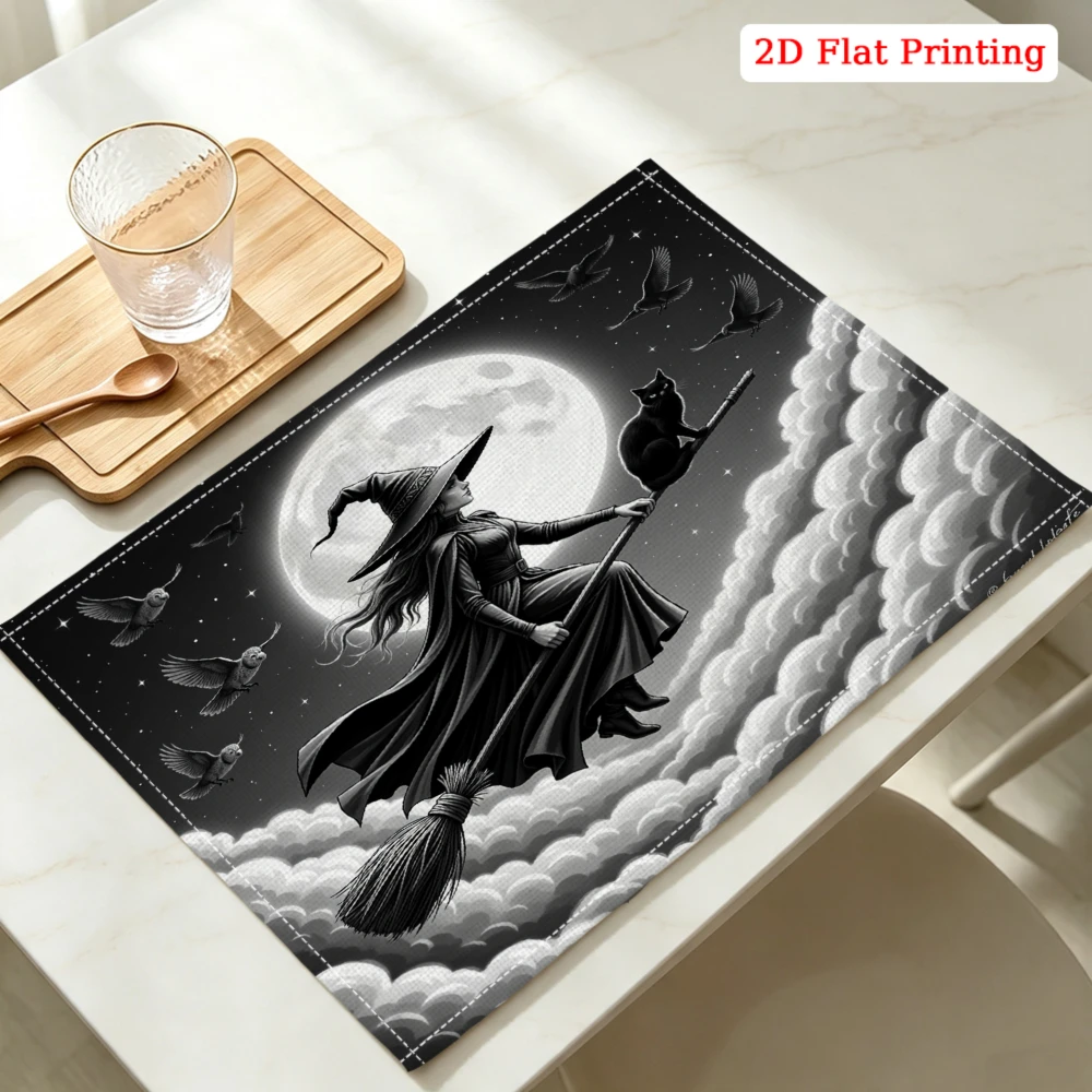 Witch Flying On Broomstick Kitchen Placemat Coaster Linen Pad Dish Coffee Cup Table Mat 30x40cm Home Decor